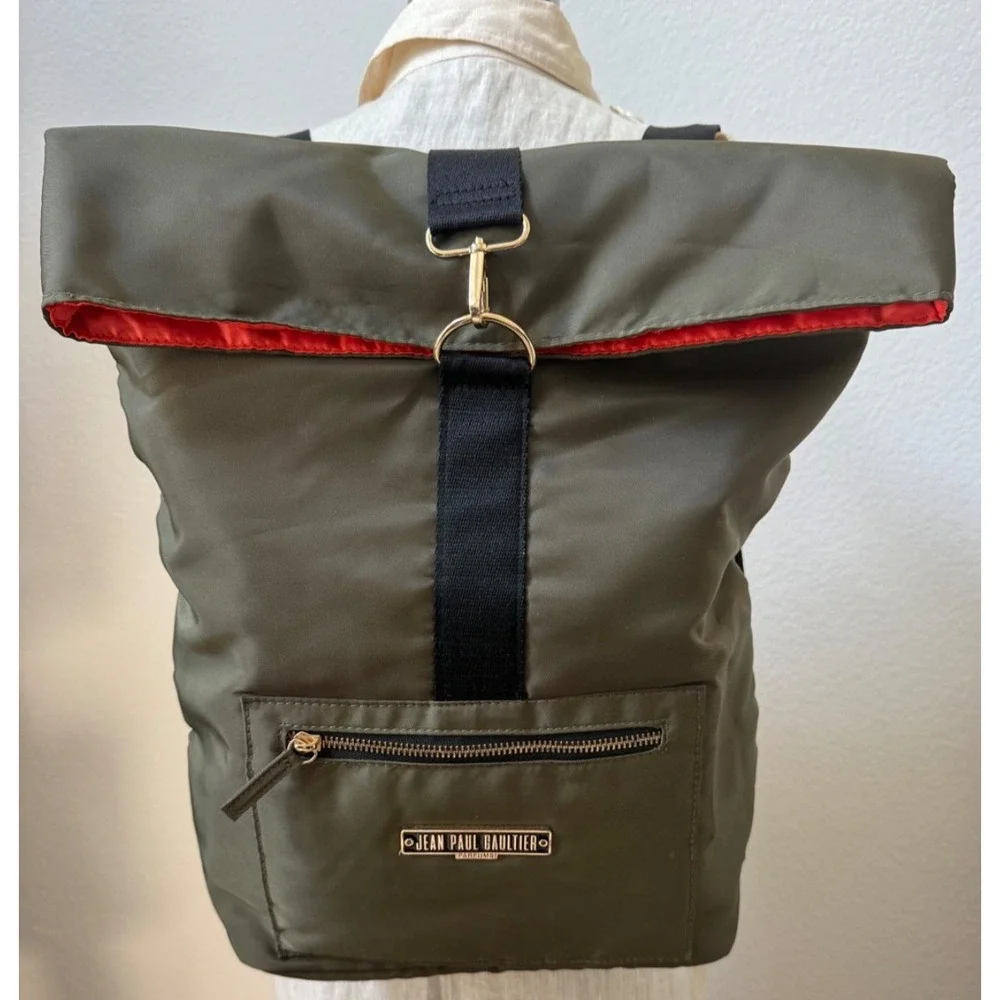 Jean Paul Gaultier Olive Green Black Roll-Top Backpack Orange Interior
